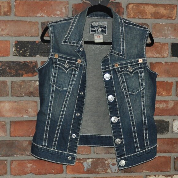 True Religion Blue Denim Sleeveless Jacket Jean Vest Emily Big T Bold Stitch L - Picture 2 of 7
